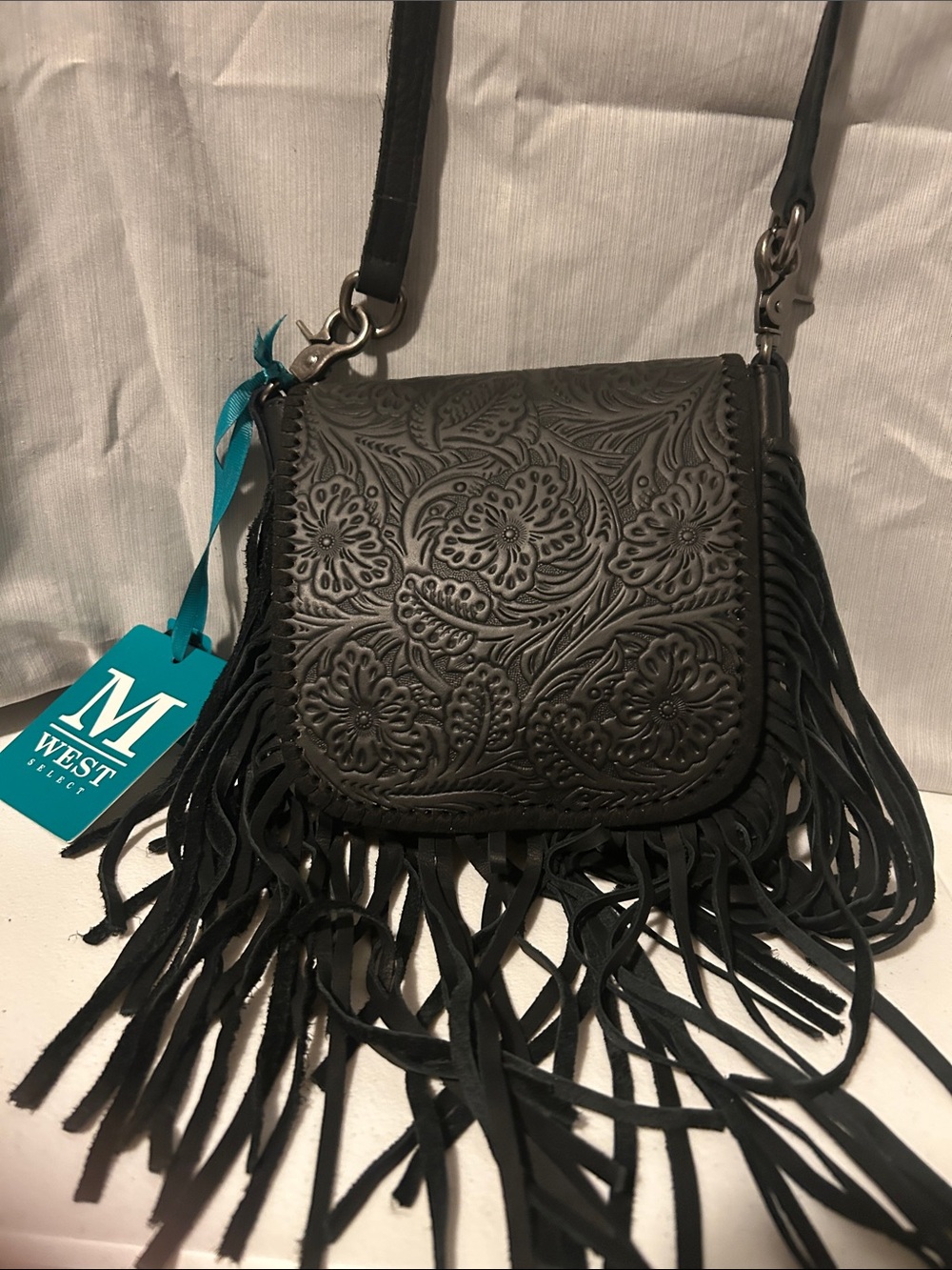 Black Tooled Fringe Crossbody Bag